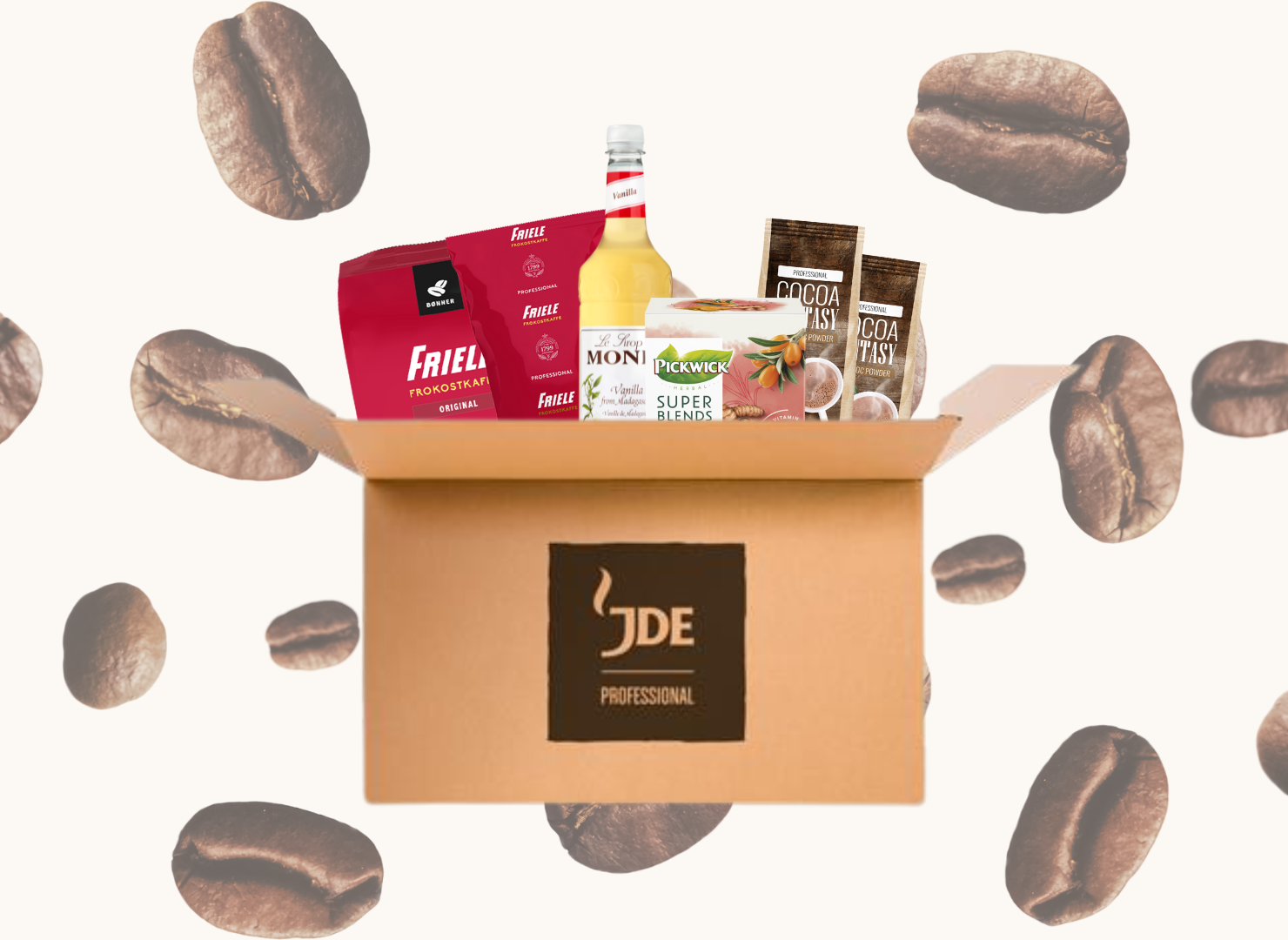 en kasse med JDE-produkter